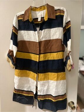 Chico's Striped Button-Down Tunic in Navy, Mustard, Brown, White